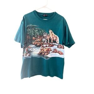 Vintage Habitat Wolf Nature Graphic T Shirt Mens L Teal Green Double Sided 90s